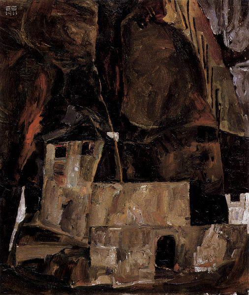 Egon Schiele Mauer und Haus vor hugligem Gelande mit Zaun oil painting picture